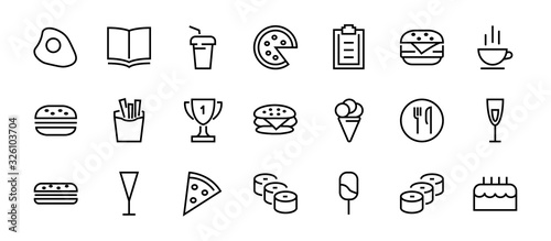 A simple set of fast food icons related to the vector line. Contains icons such as pizza, burger, sushi, bike, scrambled eggs and more. EDITABLE stroke. 480x480 pixels perfect, EPS 10