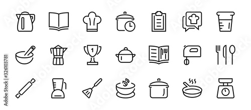 Set of icons for cooking and kitchen, vector lines, contains icons such as a knife, saucepan, boiling time, mixer, scales, recipe book. Editable stroke, perfect 480x480 pixels, white background