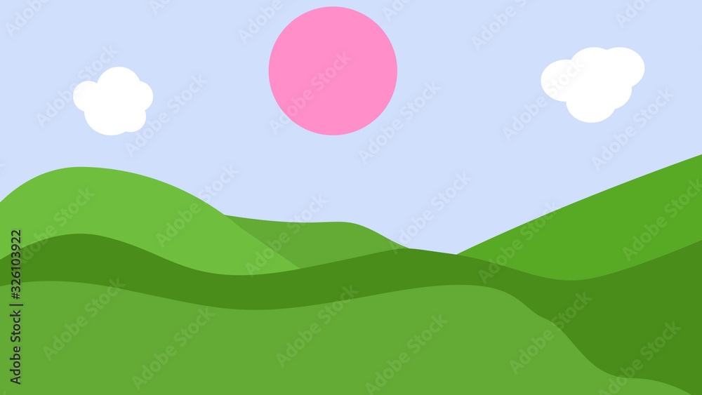 Abstract nature 2d background with green grass and blue sky