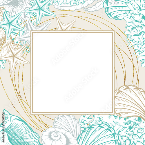 Square Frame with Seashells. Isolated vector poster with contour drawing sea shells for wedding design and thank you cards templates.