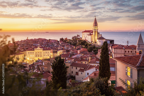 View over Piran old town in the evening, Slovenia