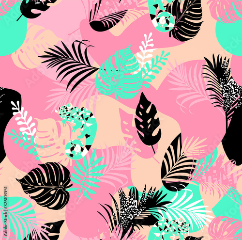 Exotic tropical foliage an camouflage chameleon in trendy colors artwork for tattoo, fabrics, souvenirs, packaging, greeting cards and scrapbooking,bed linen,wallpaper