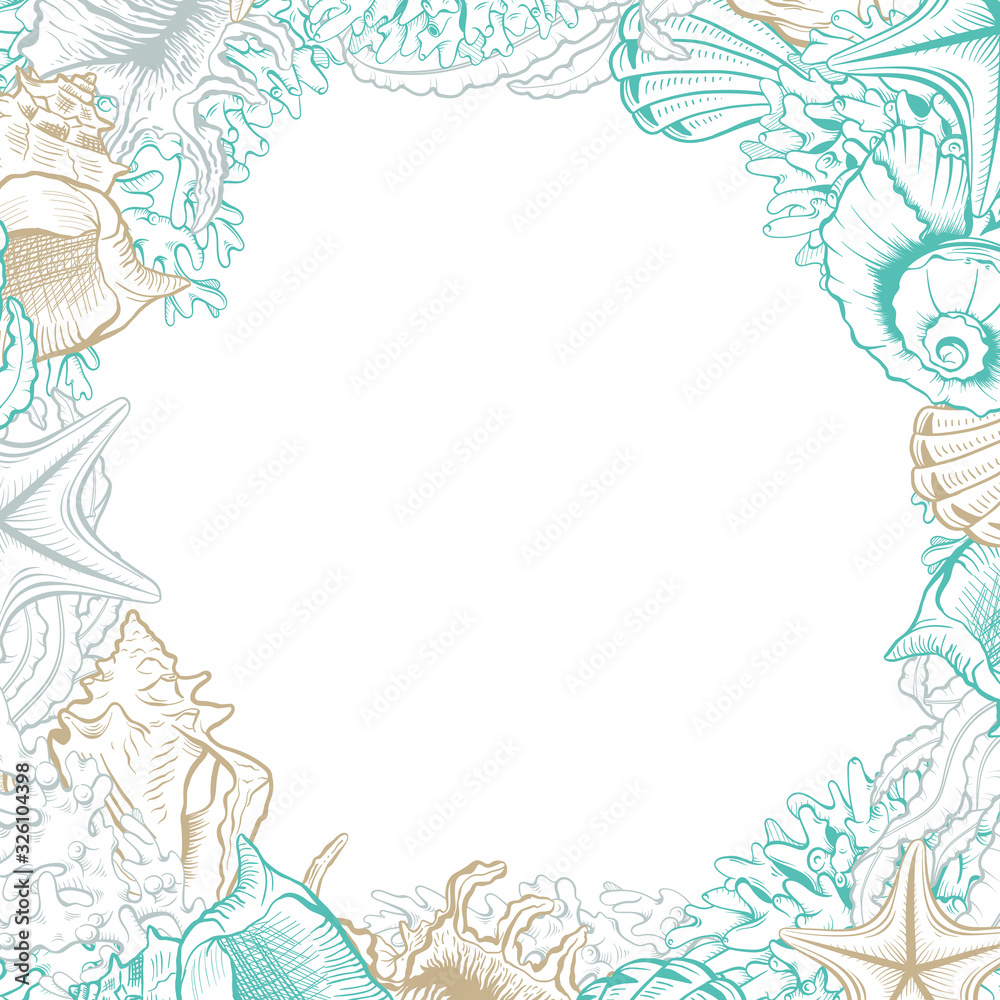 Square Frame with Seashells. Isolated vector poster with contour drawing sea shells. Wedding design and thank you cards templates.