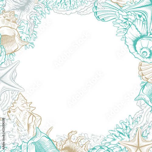 Square Frame with Seashells. Isolated vector poster with contour drawing sea shells. Wedding design and thank you cards templates.