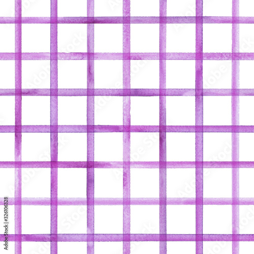 Watercolor stripe plaid seamless pattern. Purple pink stripes on white background