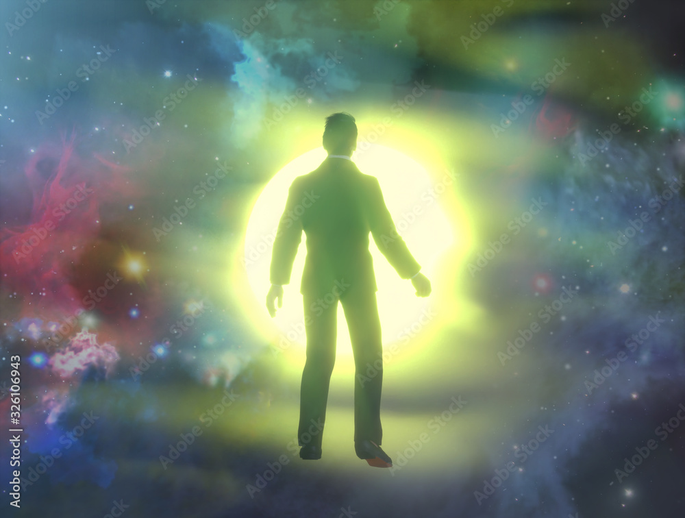 silhouete of a man with rays of light emanating as a symbol of the power of thinking. Concept of psychiatry, psychology, religion. Ghost of a man taken up into heaven. 3d render silhouete of a man with rays of light emanating as a symbol of the power of thinking. Concept of psychiatry, psychology, religion. Ghost of a man taken up into heaven. 3d render