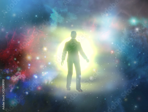 silhouete of a man with rays of light emanating as a symbol of the power of thinking. Concept of psychiatry, psychology, religion. Ghost of a man taken up into heaven. 3d render