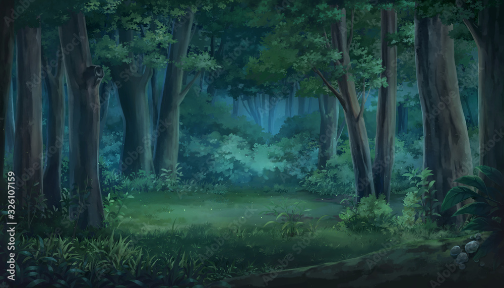 Light and forest - Night , Anime background , Illustration. Stock  Illustration | Adobe Stock