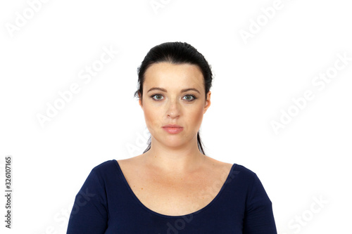 Brunette young woman front portrait isolated on white