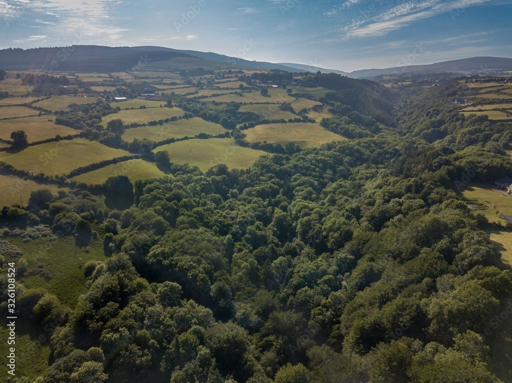 Forest in The Glencullen Valley With Fields, County Wicklow - Aerial View
