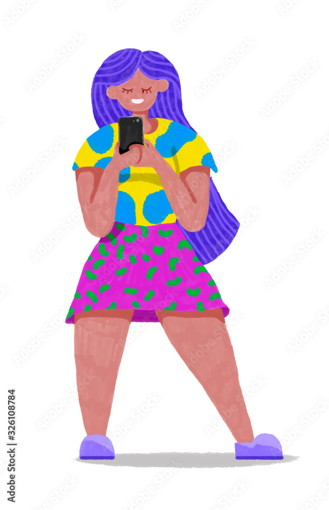 Social media illustration. Woman with smartphone. Cute happy girl holding cellphone, using mobile dating application to chat or sending romantic message. Flat cartoon illustration. Social media illustration. Woman with smartphone. Cute happy girl holding cellphone, using mobile dating application to chat or sending romantic message. Flat cartoon illustration.