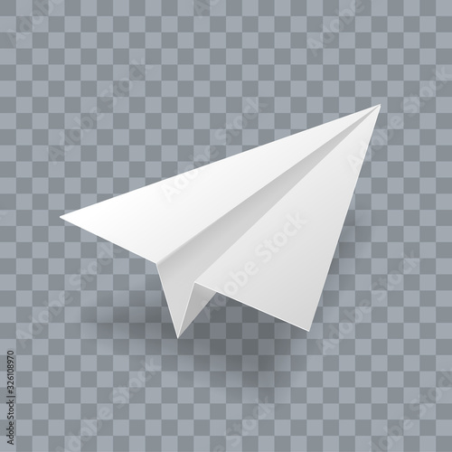 Paper plane vector realistic 3D model. White paper airplane jet isolated on transparent background