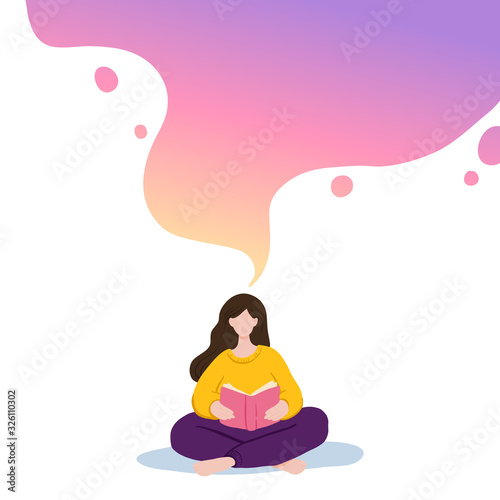 Vector illustration of girl sitting and reading book, dreaming. Motivational literature fan. Colorful gradient concept illustration.