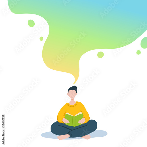 Vector illustration of boy sitting and reading book, dreaming. Motivational literature fan. Colorful gradient concept illustration.
