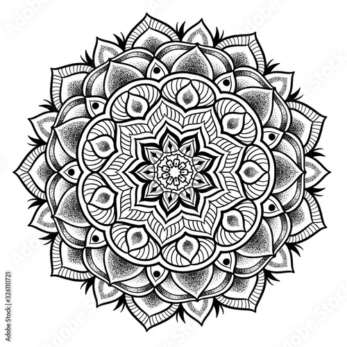Mandala dots work tattoo design illustration on a white background.