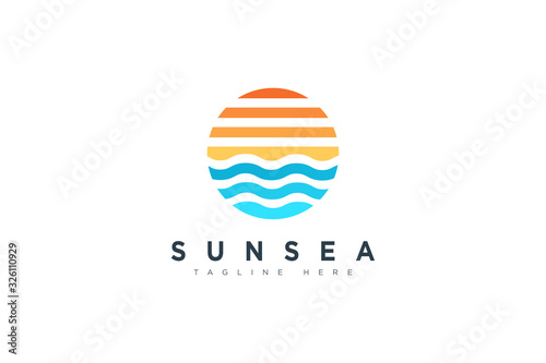 Abstract Vintage Circular Sun and Sea Wave Logo. Flat Vector Logo Design Template Element.