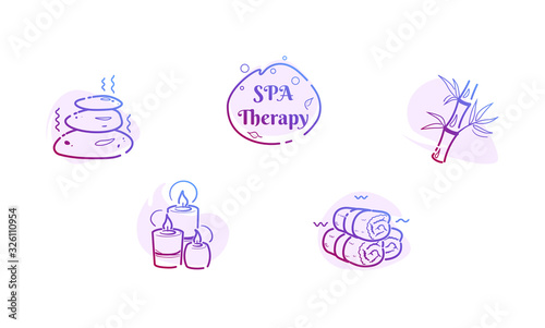 Line massage wellness icons set of spa stones, bamboo, hot rolled towels, candles. Relaxation therapy concept with logo design. Alternative oriental zen. Vector logo pictogram drawing isolated.