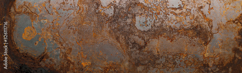 Steel textured metal sheet with heavy rust. Background banner. Top view. Flat lay