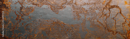 Steel textured metal sheet with heavy rust. Background banner. Top view. Flat lay