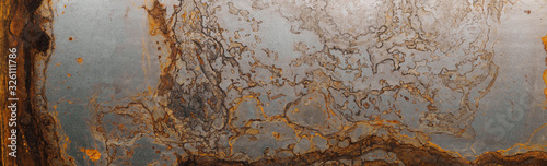 Steel textured metal sheet with heavy rust. Background banner. Top view. Flat lay