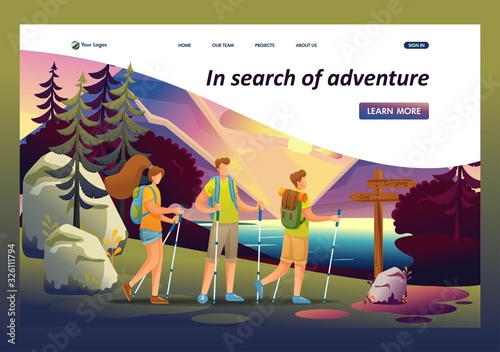 Young people are engaged in active walking, Nordic walking in the woods. Flat 2D character. Landing page concepts and web design