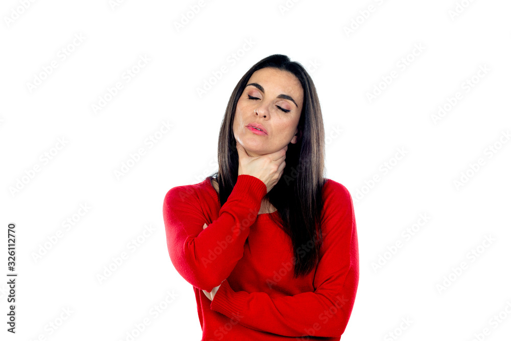 Attractive mature woman wearing red jersey Attractive mature woman wearing red jersey