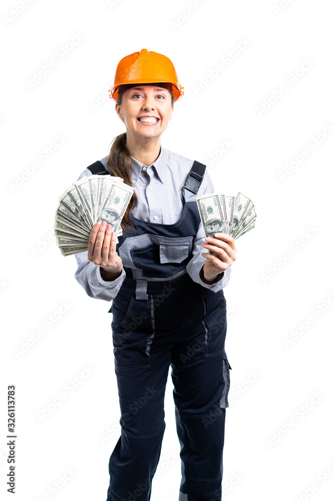 The female civil engineer made a very good deal and was very happy. A huge pile of money for a salary in dollars. isolated The female civil engineer made a very good deal and was very happy. A huge pile of money for a salary in dollars. isolated