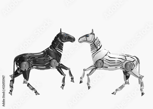 Mechanical horses on white backgroud . 3d render © Sergii