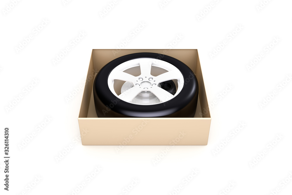 3D Rendering of Car Tire in Shopping Order Box on White 3D Rendering of Car Tire in Shopping Order Box on White