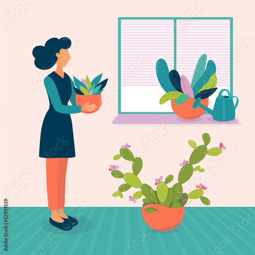 flat vector illustration, young woman is holding a pot with green houseplants near the window