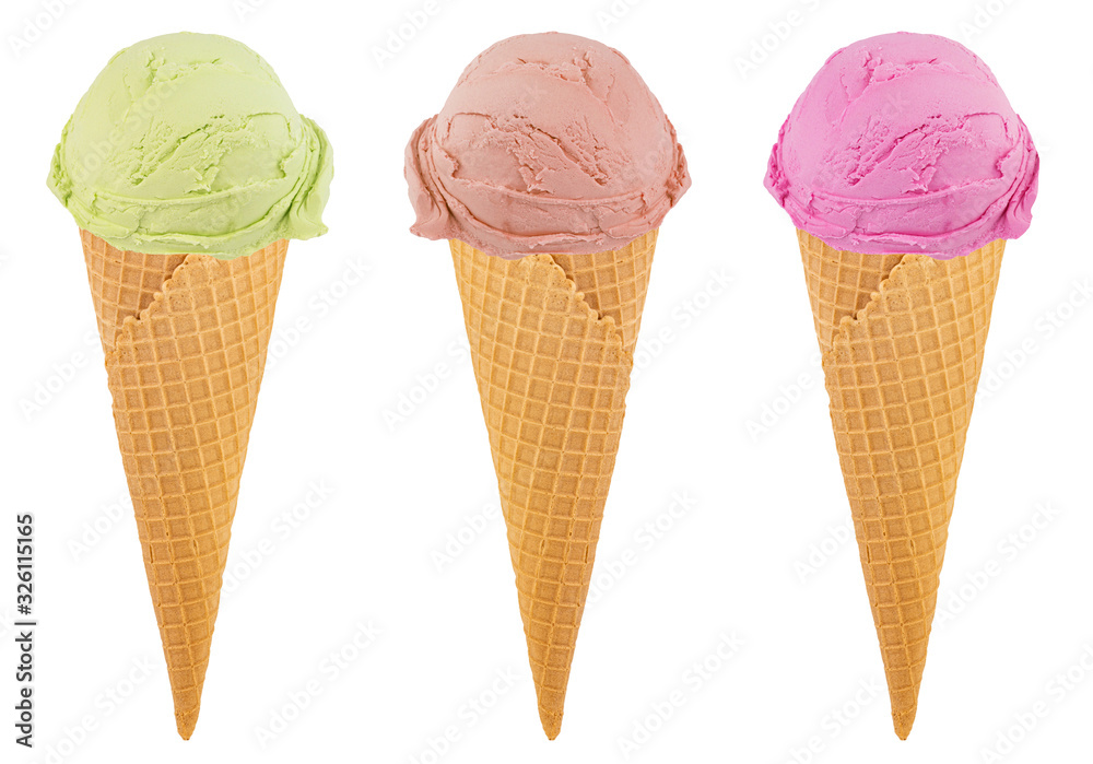 Set of ice cream in waffle cone isolated on white background