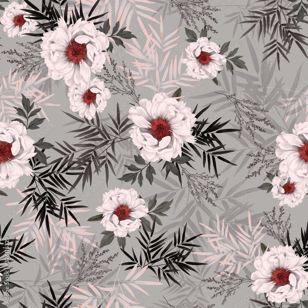  Seamless elegant pattern with peonies, bamboo, branches for surface design