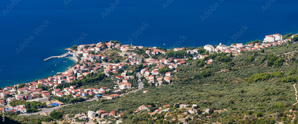 Gradac town in Croatia, a popular resort on the Adriatic coast, Dalmatia region. Beautiful aerial view.