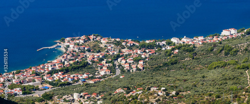 Gradac town in Croatia, a popular resort on the Adriatic coast, Dalmatia region. Beautiful aerial view. © r_andrei