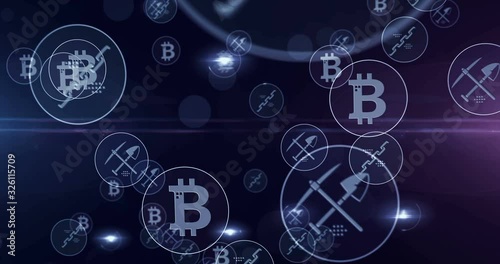 Bitcoin, cyber banking, money, cryptocurrency mining, blockchain technology symbols 3d rendering abstract concept animation. Cyber icons loopable seamless futuristic digital background.