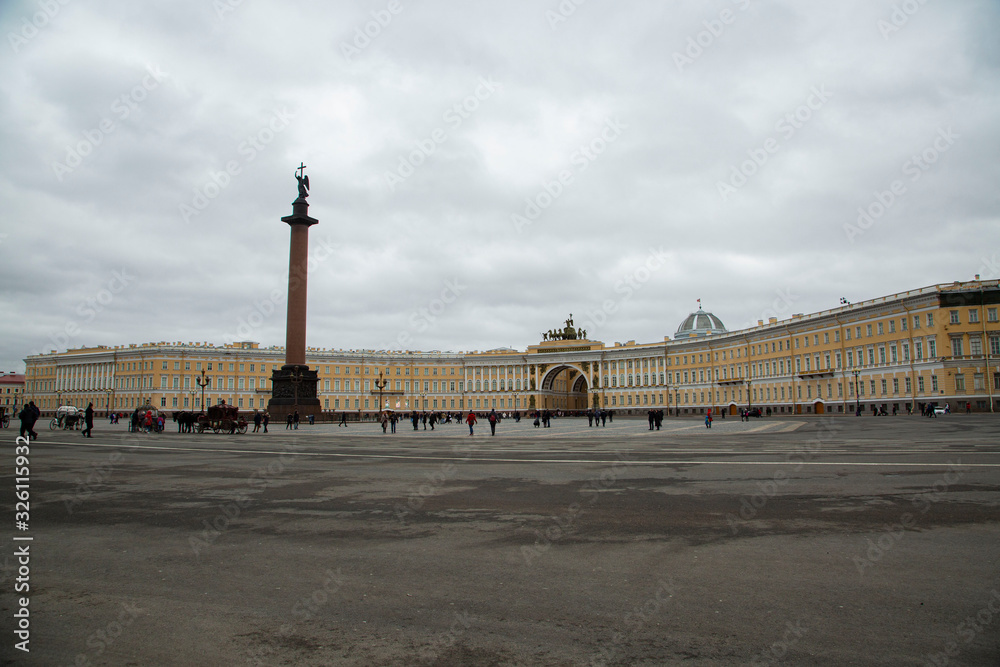 Palace Square and the General Staff Building in St. Petersburg, Russia.