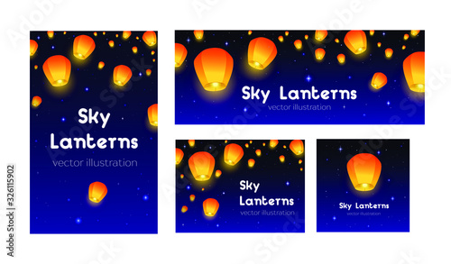 Flying Sky lanterns set banners. Background Diwali festival, Mid Autumn Festival or Chinese festive. Luminous floating lamps in the night sky with place for text. Color vector illustration isolated