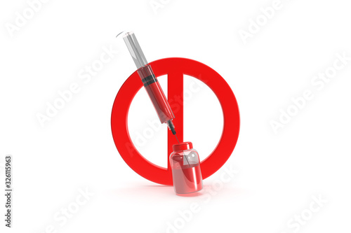 3D Rendering of No Drugs Allowed Sytinge with Red Stop Warning Sign