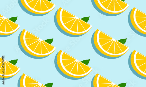 Seamless blue background with grapefruit slices and leaves with shadow. Vector fruit design for pattern or template.