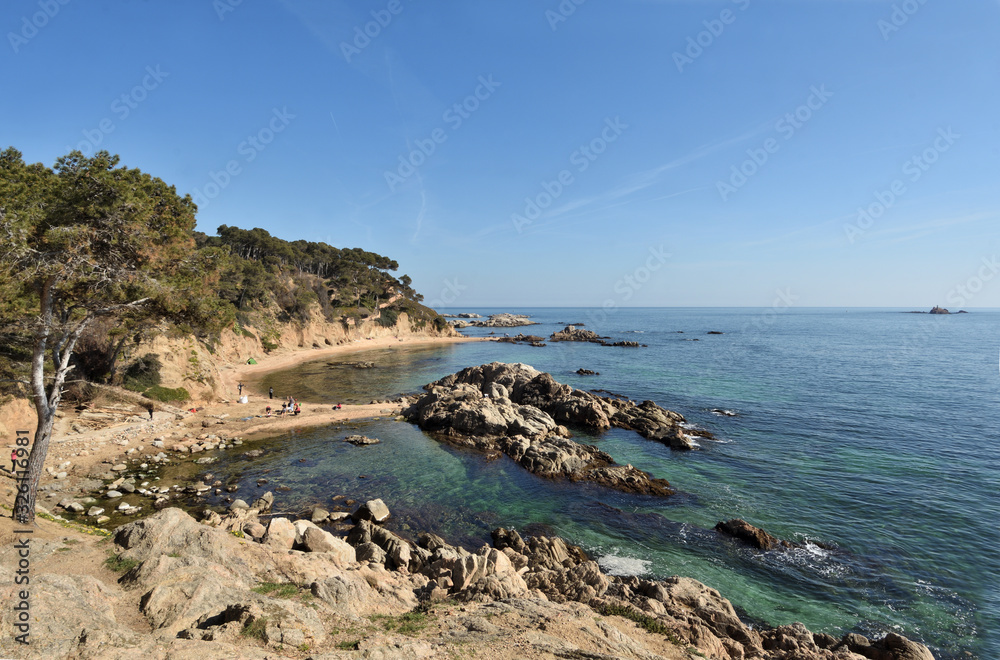 Cala Estreta beach and Formigues island, Palamos, Costa Brava, Girona province, Catalonia, Spain