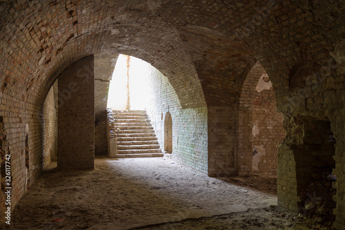 Dungeon staircase. Old fort Tarakanivsky, Rivne region. Ukraine