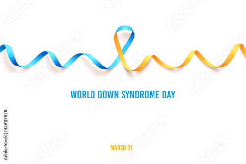 Blue yellow ribbon over white background. Template symbol for World down syndrome day. Poster for March 21. Vector illustration.