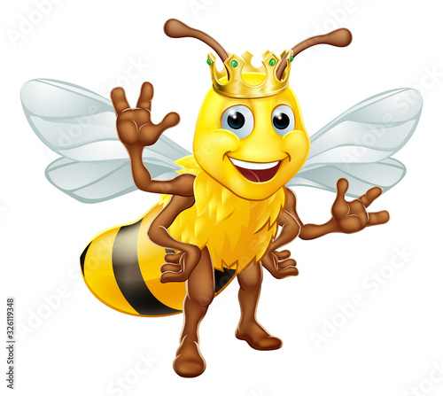 A queen or king bumble bee cartoon character in a gold crown standing and waving