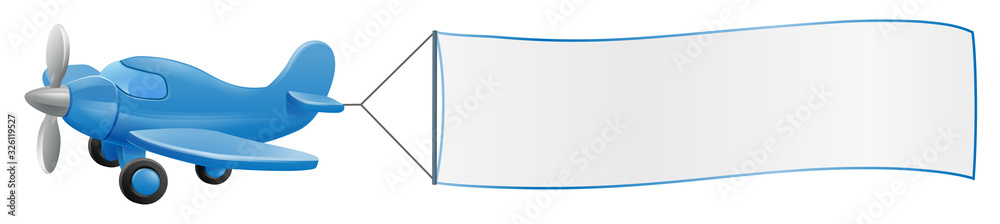 Banner airplane cartoon. An illustration of a cute blue small or toy aeroplane pulling a sign