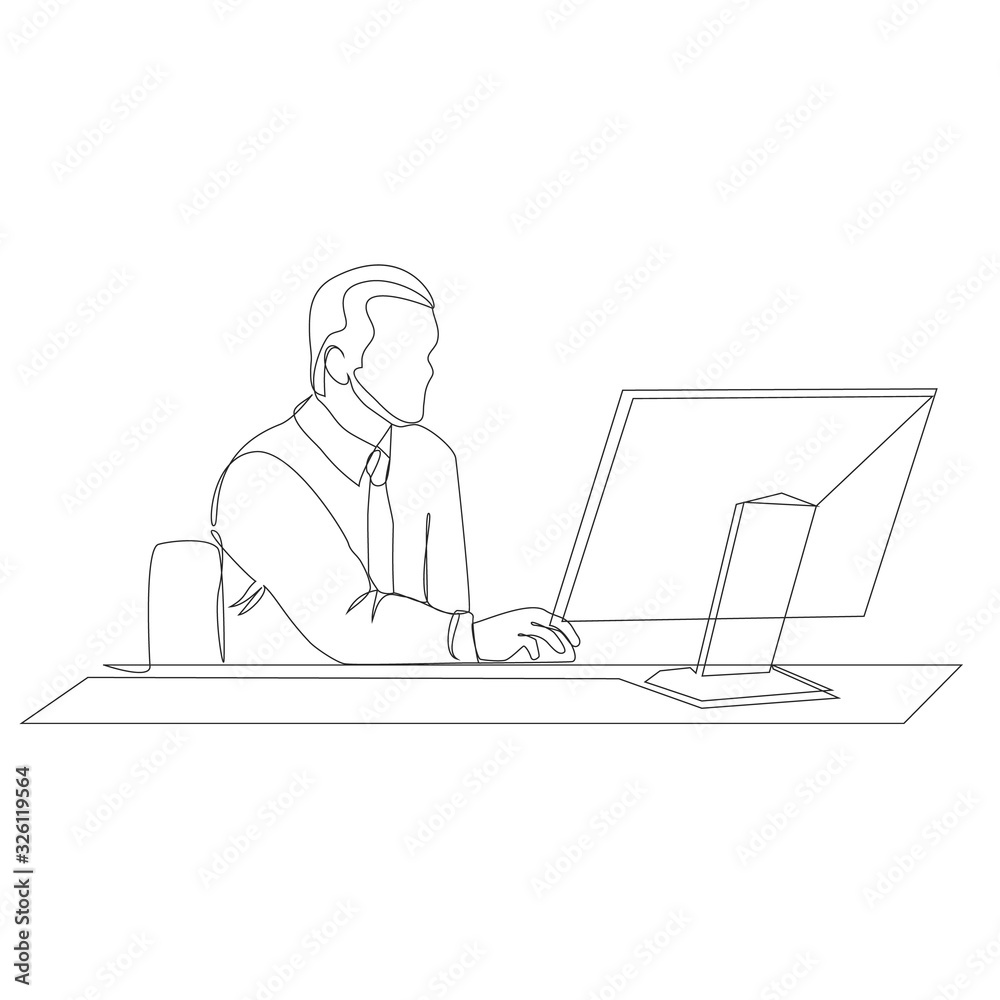 Man working at a computer in the office one line drawing on white isolated background. Vector illustration Man working at a computer in the office one line drawing on white isolated background. Vector illustration