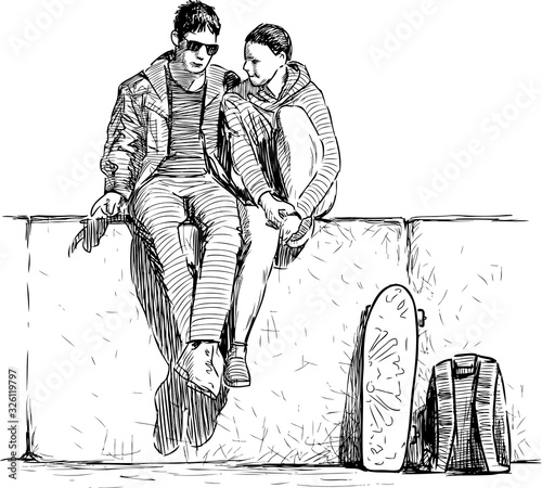 Sketch of student couple in love sitting on river embankment