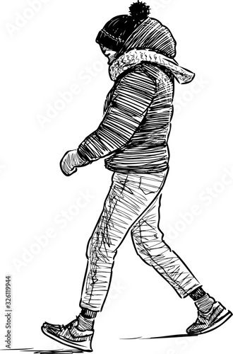 Sketch of teen girl striding down street