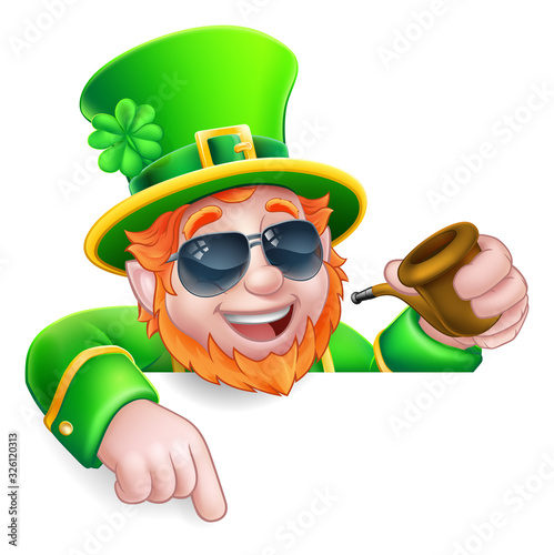 A Leprechaun St Patricks Day cartoon character wearing cool sunglasses. Holding a pipe peeking over a sign and pointing at it