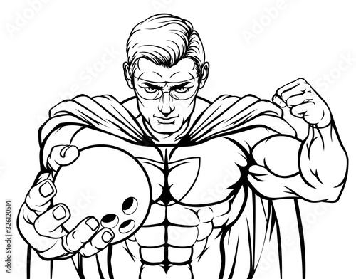 A superhero bowling sports mascot holding a ball