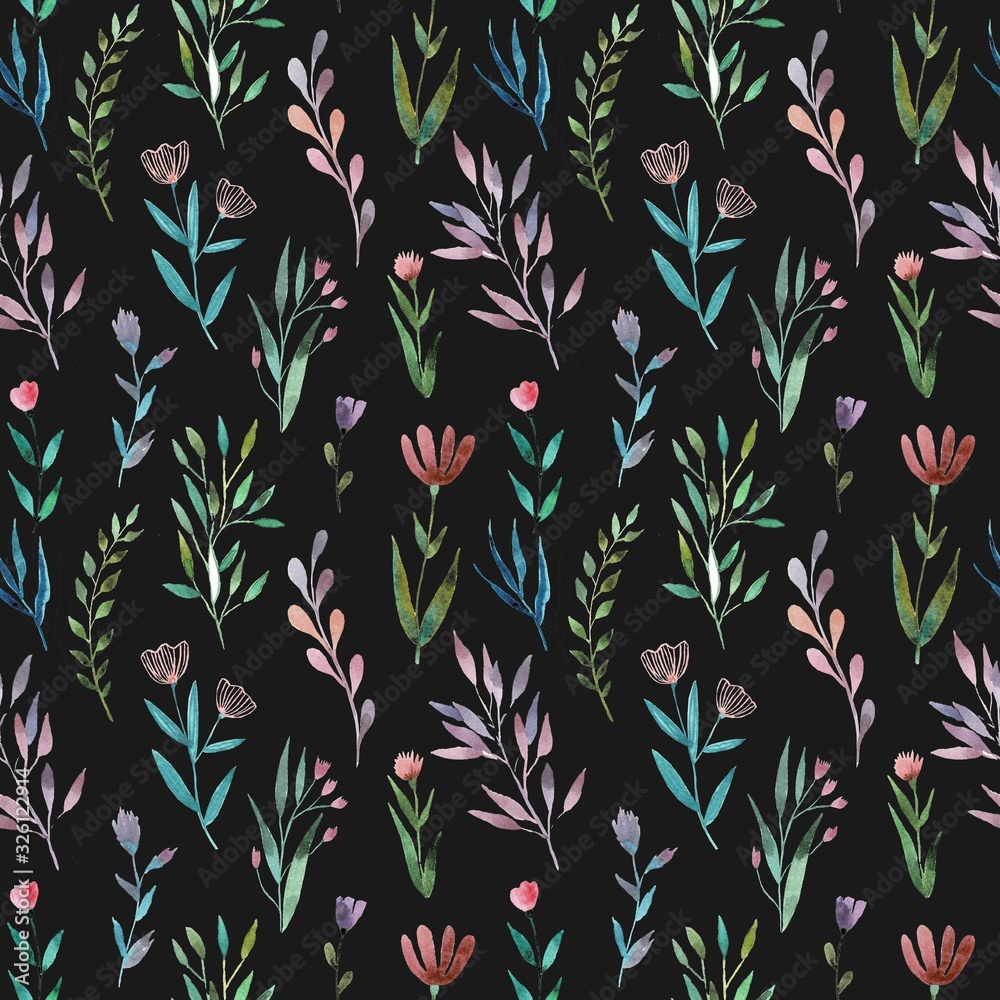 Watercolor print with flowers and plants, seamless design.